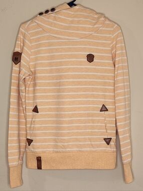Naketano Peach & White Striped Hooded Sweatshirt with Button Shoulder Sz Medium